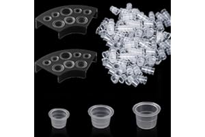 QIKAARA 500 Stück Tattoo Farbkappen Cups mit 2 Schwarz Cups Halterungen, 200 kleine 200 mittlere 100 große Kunststoff Farbbehälter, Kleine Tinte Pigment Cups Ink Cups Tattoo Zubehör