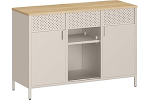 ‎SONGMICS SONGMICS Aufbewahrungsschrank, Metallschrank, Schrank mit Doppeltür, Sideboard, Magnetverschluss, verstellbare Einlegeböden, Stahlgestell, sandbeige-natureichenfarben LSC204LF01