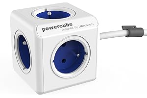 Allocacoc PowerCube Extended Duo USB FR rozgałęźnik z 4 gniazdami wtykowymi z prądem ładowania USB 2,1 A, kolor biały, niebieski