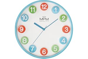 MPM Quality Orologio da parete colorato per bambini in plastica, blu/colorato, grandi cifre 3D colorate, movimento al quarzo Sweep