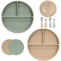 Assiettes En Silicone Pour Bébé Avec Ventouse - 2 Assiettes + 4 Ustensiles - Compartimentées, Sans BPA, Lavables Au Lave-vaisselle - Idéal Pour L'apprentissage Autonome - 5