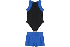 RUNQHUI Barn pojke gymnastik trikåset med shorts set gym outfit dans balett leotard 5–16 år, Färg: blå, 9-10 ans