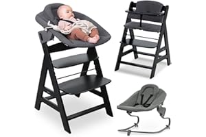 hauck Alpha+ Newborn Set with Premium Bouncer Dark Grey - Baby Wooden High Chair from Birth with Reclining Function - Extra Flat Attachment for Newborns & Cotton Seat Cushion - Black