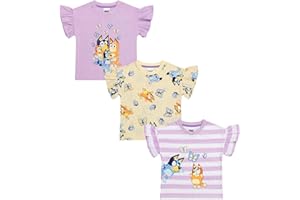Bluey Girls 3-Pack T-Shirts | Frilly Short Sleeve Tees | 100% Cotton Tees| Ages 18 Months to 8 Years