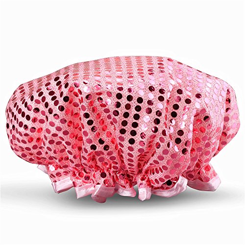 OrangePlan Women Waterproof Shower Cap,Unique Brilliant Sequins design Double Layer Bath Cap Elastic Band Spa Shower Hat(Gillyflower Pink)