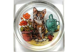 HENSITA Decorative Hand Painted Stained Glass Paperweight in a Kitten and Geraniums Design.