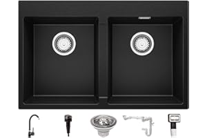 Fregadero Cocina Negro 78 x 50 cm, Fregadero Granito 2 Senos + Grifo + Sifón Automático, Fregadero Empotrado con Escurridor Oslo 80 Twin de Primagran