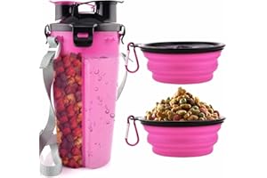 EXFEA Matt Saga Dog Drinking Bottle and Food Bottle 2-in-1 with 2 Foldable Dog Travel Bowl Portable Dog Water Bowls for Walking, Hiking & Travelling