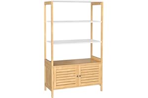 SONGMICS Meuble de Salle de Bain, Armoire de Rangement Haute, avec 3 étagères et 1 Placard à 2 Portes, en Bambou, 70 x 30 x 120 cm, Couleur Boisée et Blanc BCB010N01