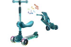 Vocpy 3 Wheels Musical Scooter for Kids Ages 3-12, Big Wheels Foldable Kick Scooter with seat, 4 Levels Height Adjustable, Extral Wide Deck, Flashing Wheel Lights, Lean to Steer, for Boys Girls
