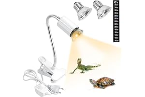 ABOVE ZERO Lámpara calefactora tortuga, lámpara reptiles con 2 bombillas (50 W UVA/UVB lámpara) y termómetro, E27 casquillo bombilla pinza giratoria de 360 °, ajustable interruptor calefactor para tortuga