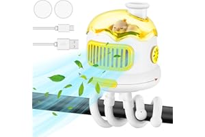 KUWUNG Baby Stroller Fan Bladeless, Automatic Rotatable Pram Fan Clip On Rechargeable USB C Desk Fan Quiet Mini Portable Fan with LED Lights/3 Speed/Flexible Tripod for Pushchair Car Bike (White)