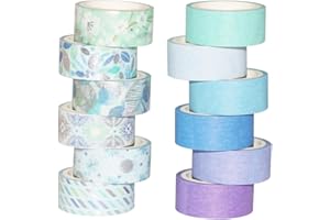 Yubbaex Washi Tape Set 12 Rollos cinta adhesiva decorativa Washi Glitter Adhesivo de Cinta Decorativa para DIY Crafts Scrapbooking 15mm de ancho (Azul Mezcla)