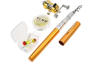 HUIOP Ensemble combiné de moulinet de canne à pêche Mini stylo de poche portable télescopique Canne à pêche et moulinet Ligne de pêche en alliage d'aluminium Leurres souples Appâts Jig Hooks,Fishing R