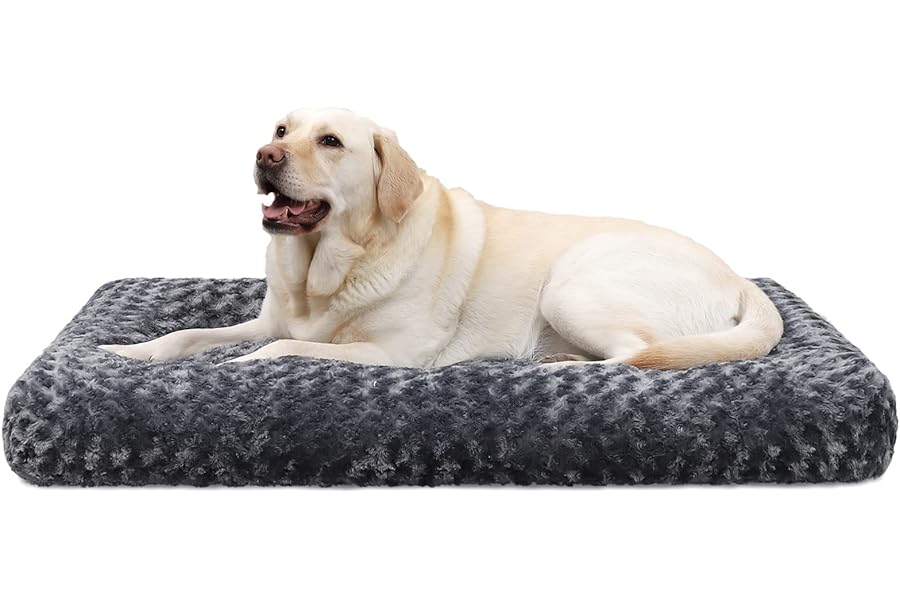 KSIIA Large Dog Bed Washable, Calming Crate Mattress with Non Skid Bottom, Fluffy Anti Anxiety Dog Beds, Pet Pillow Cushion, Dark Grey, 90x60x8cm