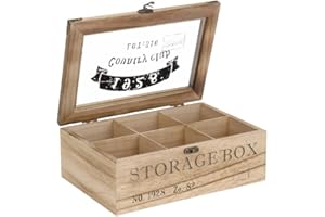 ToCi Scatola da tè in legno rettangolare (6 scomparti) o quadrata (9 scomparti) stile retrò, legno, modello 1, 6 Fächer