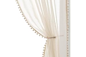 Treatmentex Cortinas Salón Modernas 2 Piezas con Pompones, Diseño para Filtrar Luz, Cortinas Translucidas Elegantes para Dormitorio, 140x245 cm, Beige