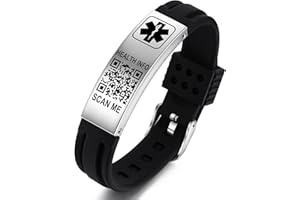 Theluckytag Medizinisches Armband mit QR-Code-Notfall-ID, aus Silikon, wasserdicht, passt bis 22,9 cm Handgelenk, Notfallinfo, mehr Platz, für Sport, Jungen/Mädchen/Damen/Herren