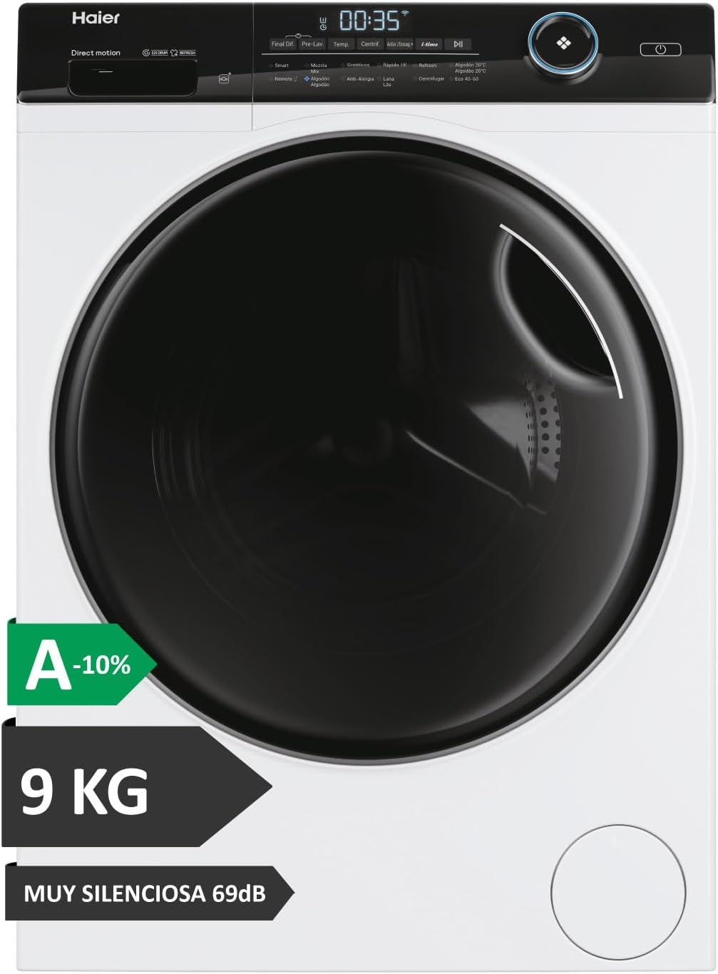 Haier I-Pro Series 5 HW90-B14959EU1IB- Lavadora Carga Frontal 9KG, Función Vapor, Motor Direct Motion, Tratamiento Antibacterias, 1400 RPM, Fin Diferido, Detector Automático de KG, 12 Programas,Blanco