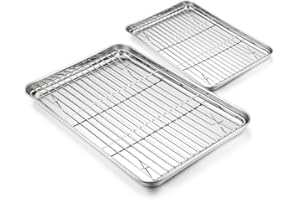 HaWare Baking Tray with Rack Set - 4 Pack (2 Trays+2 Racks), Stainless Steel Cookie Sheet Toaster Pan with Cooling Rack - Healthy & Non Toxic, Mirror Finish & Dishwasher Safe