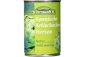 ‎FEINKOST DITTMANN Feinkost Dittmann Spanische Artischockenherzen Natur, Mild-Würzig - 390g, 1er Pack – Hochwertige, Delikate Artischockenherzen aus Spanien, Ideal für Antipasti, Salate & Mediterrane Gerichte