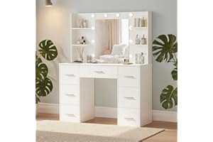 Puselo Dressing Table with Mirror, LED Lights, Makeup Vanity Table with 7 Drawers and Storage Shelves Dressing Table Vanity Table for Bedroom Dressing Room