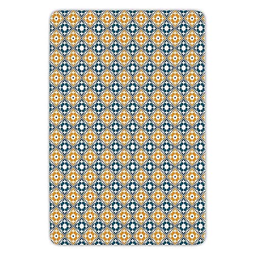 Bathroom Bath Rug Kitchen Floor Mat Carpet,Moroccan,Spanish Portuguese Azulejo Inspired Abstract Natural Pattern with Leaves Decorative,Teal Marigold White,Flannel Microfiber Non-slip Soft Absorbent