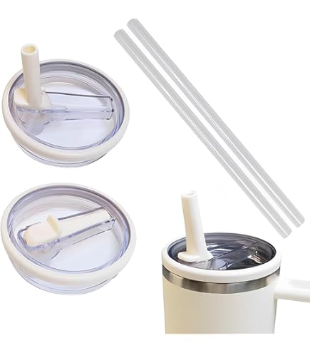 Stanley Cup Deckel Set – Auslaufsicher, 2 Deckel + 6 Edelstahl-Strohhalme + Schläuche + Bürsten – Für 40 Oz (Schwarz/Beige)