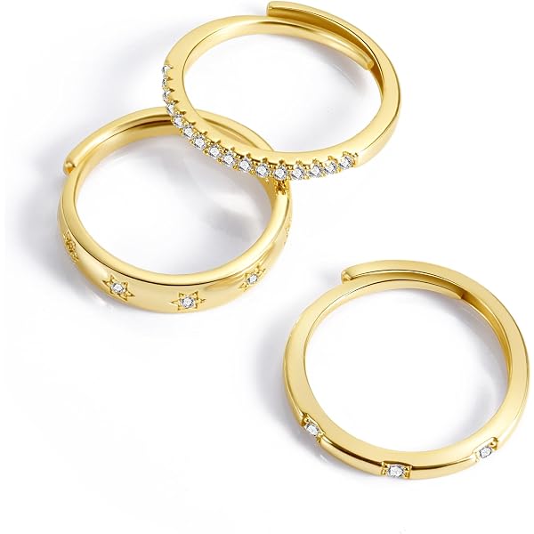 Lot De 3 Bagues Réglables Pour Femme - Plaqué Or 14k, Zircone Cubique - Style Vintage, Empilables - Cadeau Saint-Valentin, Noël