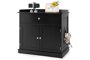 COSTWAY Szafka dla Kota 3 w 1 z Szufladą, Drzwiami i Wejściem - Domek, Toaleta, Stolik Pomocniczy, Kuweta, Komoda, Meble dla Zwierząt Domowych