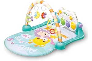 auby Gym d'Éveil Actif Monkey pour Bébés 0-6 Mois | Tapis Piano Activé par Coups de Pied, Panneau Réglable, 5 Jouets Amovibles & Lumières | Jeu au Sol et Tummy Time