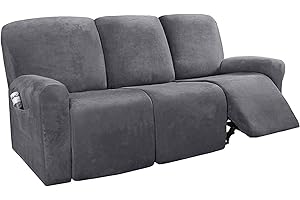LINGKY 8-Pieces Recliner Sofa Covers Velvet Stretch Armchair Covers With Side Pocket Thick Soft Washable Sofa Covers 3 Seater Replacement Furniture Protector (Sofa, Gray)