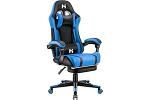 HLFURNIEU Chaise Gaming, Fauteuil Gamer Hauteur Réglable, Chaise de Gaming avec Repose-Pied Télescopique, Gaming Chair Ergonomique avec Appui-tête et Support Lombaire, Siege Gaming Noir et Bleu
