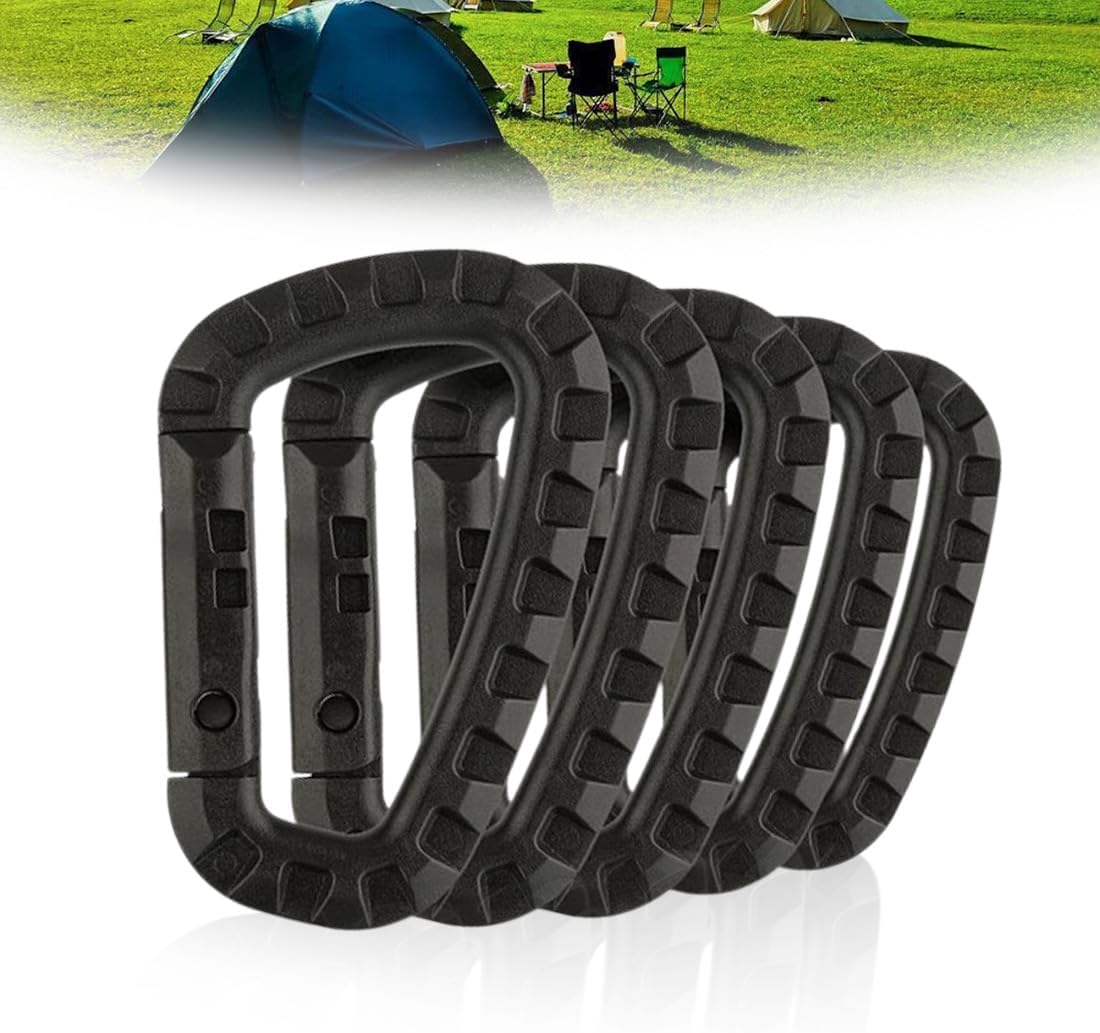 5 Piezas Mosqueton Tactico Negro, Llavero con Mosquetón Táctico en Forma de D, de Plástico de Alta Resistencia para Mochila/Llavero, Accesorios de Escalada al Aire Libre, Ganchos de Mosquetón
