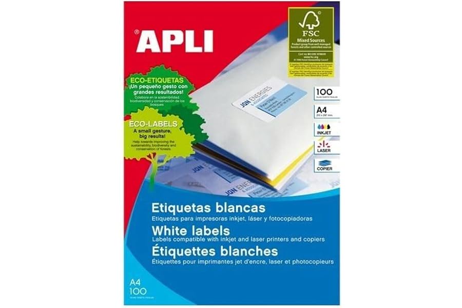 Apli Paper 1281 Etiquetas Adhesivas Blancas 100 h Inkjet Laser Copy 210,0X297,0 100H de Apli Paper S.A.U