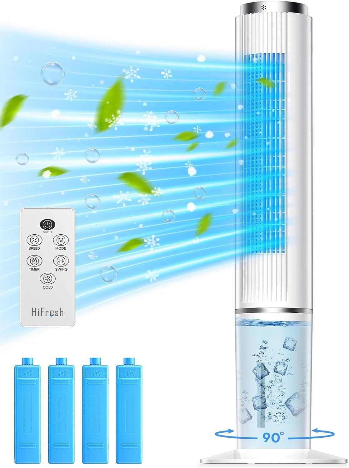 HIFRESH Air Cooler for Home, 107CM Tower Cooler w/Remote & LED Touch Screen, 4 Mode & 3 Speed, 12H Timer, 26 Feet Air Deliver