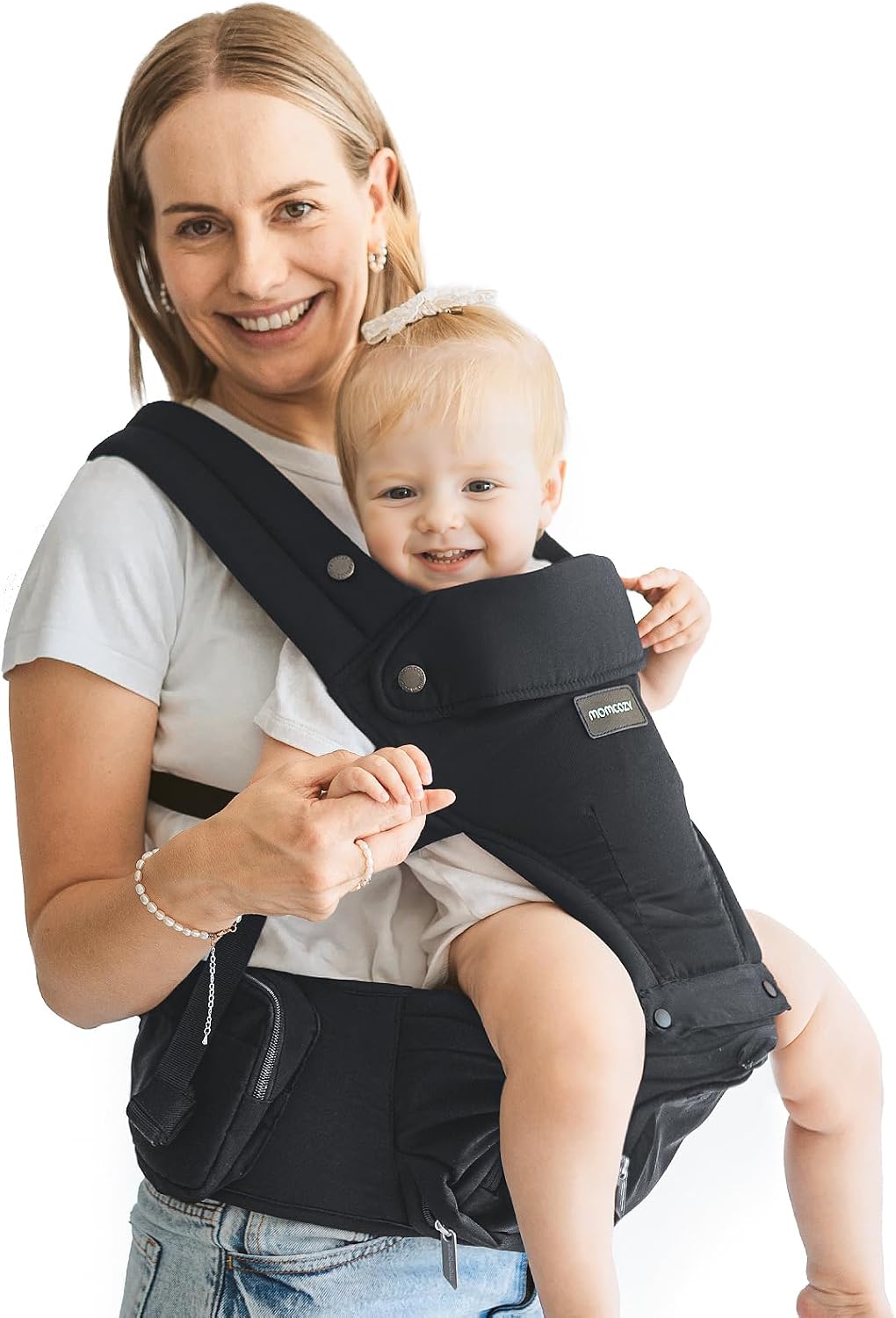 Momcozy Baby Carrier with Hip Seat, 2-in-1 Forward-Facing Carry for Active Babies, Detachable Hands-Free Infant Carrier up to 20kg, All Seasons Toddler Carrier Fits Waist Sizes up to 120cm, Black