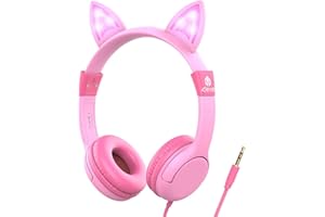iClever Auriculares Infantiles, Niños Auriculares con Luces LED Ajustable de Gato Orejas, Volumen Limit