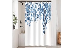 Uiiooazy Cortina Ducha Azul, Cortina de Ducha Hojas di Eucalipto Planta Motivo Cortinas de Baño Antimoho Impermeable Lavable Tejido de Poliéster Cortinas de Ducha con Ganchos 120x200cm