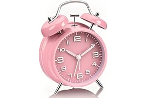 YsyYey Sveglia rosa a doppia campana, extra forte per chi dorme pesante, senza ticchettio, funzionamento a batteria con luce notturna, orologio vintage in metallo da comodino per ragazze, adolescenti