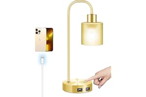 HESENDOT Touch Bedside Lamp,Gold Fully Stepless Dimmable Industria Table Lamp,2 USB Charging Ports,Nightstand Lamp Set of 1,Eye-Caring Frosted Glass Lampshade for Bedroom Living Room Office,LED Bulb included