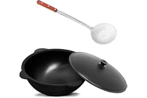 4BIG.FUN Kazan aus Gusseisen 8 L (runder Boden) mit Schaumkelle NAMANGAN Kasan Uzbekisch Cast Iron KESSEL Uzbek Camping Usbek Schwenktopf Asia WOK Topf mit Aluminium Deckel Grillwok Gusstopf Wokpfanne