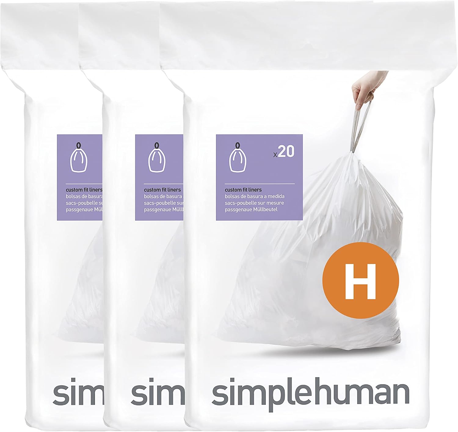 simplehuman CW0258 3 x paquete de 20 bolsas de basura a medida (60 bolsas), código H, plástico blanco