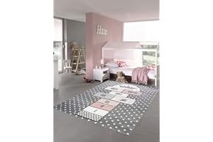 Merinos Kinderteppich Hüpfspiel Teppich Hüpfkästchen in Grau Rosa Creme Größe 200 x 290 cm