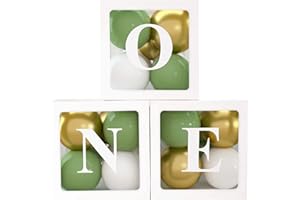 QIFU 1st Birthday Party Decorations Boxes for Boys, 3pcs Balloon Boxes with 30 Green Gold White Balloons and ONE Letters, Balloon Blocks for First Birthday Backdrop, 1 One Year Old Birthdays Party Supplies