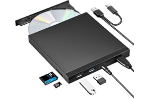 ROOFULL External CD DVD Drive, CD Burner USB 3.0 with SD Card Reader + USB Ports + Long Cord, Portable CD-ROM DVD+/-RW Optical Disk Drive Player for Laptop Desktop Mac Windows 11/10/8/7 Linux PC