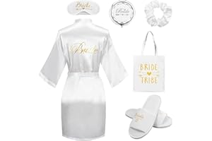 Angenster 6Pcs Bride Dressing Gown Set,Include White Robe Canvas Bag Slippers Sleeping Mask Hair Band Mirror for Bride Bridesmaid