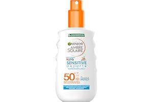 ‎GARNIER Garnier Sonnencreme LSF 50+ für Kinder, Wasserfest und resistent gegen Sand, Ambre Solaire Kids Sensitive expert+ Sonnenschutzspray, 1 x 150 ml