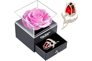 SWEETIME Forever Pink Rose Jewelry Gift Box, Enchanted Real Rose with Ruby Brooch, Eternal Handmade Preserved Rose Flower for Women,Wife, Girlfriend on Valentine's Day, Birthday, Mother's Day.