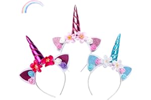 SUNSHINE SMILE 3 opaski na głowę z jednorożcem dla dzieci, opaska do włosów z uszami i kwiatami, jednorożec, na urodziny, dekoracja na imprezę, ozdoba do włosów, jednorożec, ozdoba głowy dla dziewcząt, na urodziny
